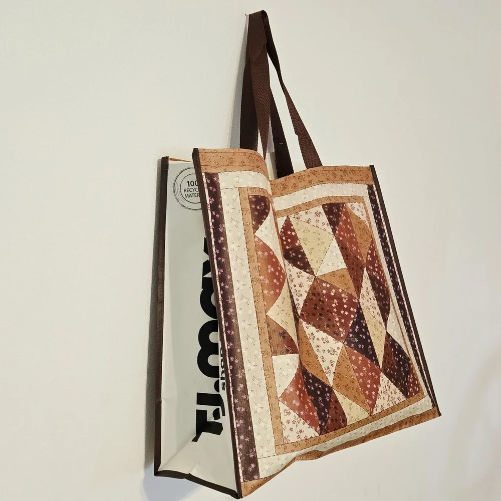 Patchwork Quilt Quilted Design Brown Beige Shopping Tote Gift Bag TJMaxx